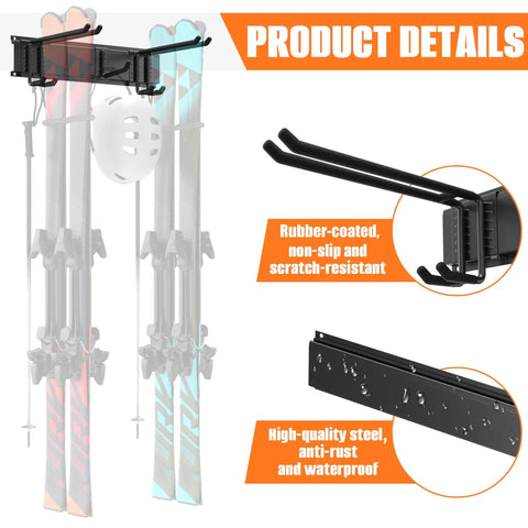 Badass Heavy Duty Garage Wall Mount Ski Rack Holds 4 Pair Wide Or 8 Pair Narrow Skis With Secure Double Prong Hooks close-up of hooks and wall mount features.