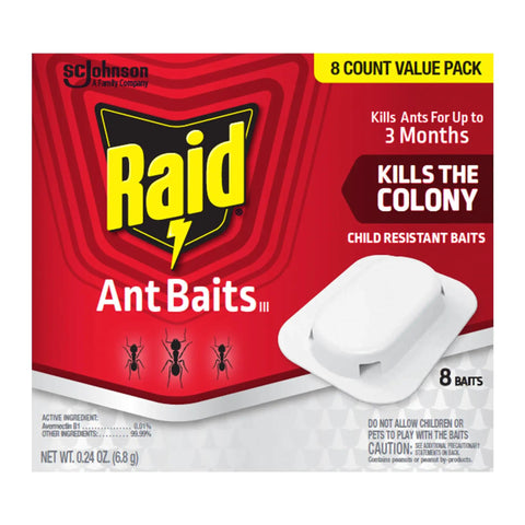 Pro Grade Indoor Ant Colony Buster Bait Stations For Households That Straight Up Wipe Out Worker Ants And Queen Dependable Gel Formula Lasts Up To Three Months Child Resistant Twist Lock Eight Count Kit packaging displaying eight bait units.