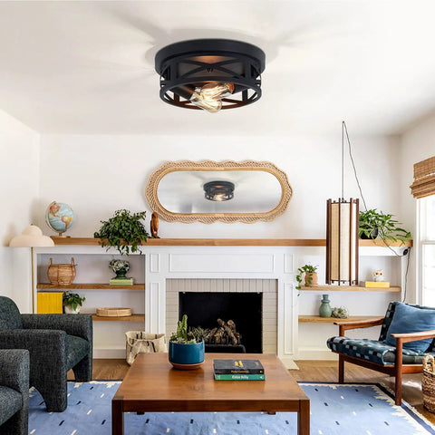 Living room with Two Pack Black Flush Mount Ceiling Light Fixture Dope Industrial Farmhouse Metal Cage Ceiling Fixture For Kitchen Entryway Hallway With E26 Base Ten Point Six Three Inch