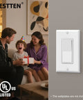 Family with gift next to 30 Pack Three Way Decorator Light Switches, 15 Amp 120 Volt 277 Volt, UL Listed, White.