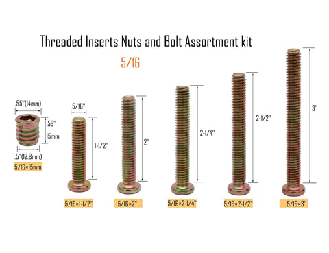 Top Shelf Threaded Insert Nut And Bolt Assortment Kit Zinc Plated Carbon Steel in 5/16 sizes for wood repairs, featuring various lengths.