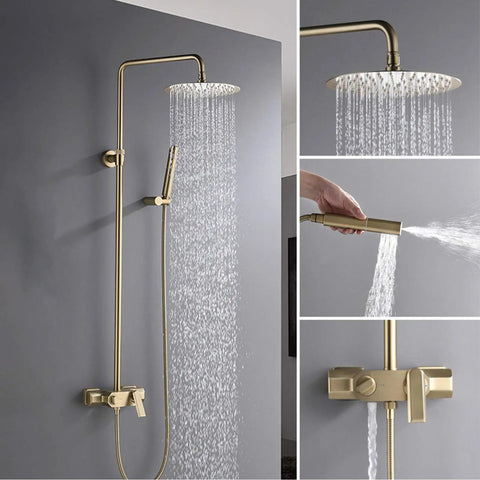UBNMIUBV Rainfall Shower System Gold, Luxury Brass Shower Faucet Set with Hand Sprayer and Tub Spout, Wall Mounted Triple Functions in action.