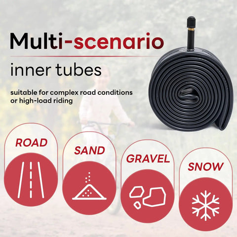 Go To 20 Inch Bike Inner Tube 1.75 To 2.125 for mountain road city cruisers with Schrader Valve AV32mm displayed with terrain icons.