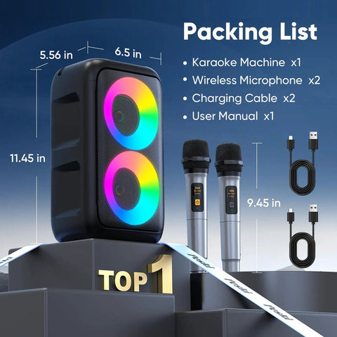 Karaoke Machine For Adults And Kids Portable Bluetooth Speaker With Two Wireless Microphones TWS Mode And LED Light 15W PA System For Home Parties
