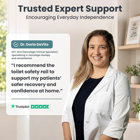 Dr. Darla DeVito endorsing Heavy Duty Adjustable Toilet Safety Bars Featuring Tough As Nails 350 Pound Weight Capacity And No Fuss Assembly NonSkid Pads For Seniors Wanting Steady Bath Security.
