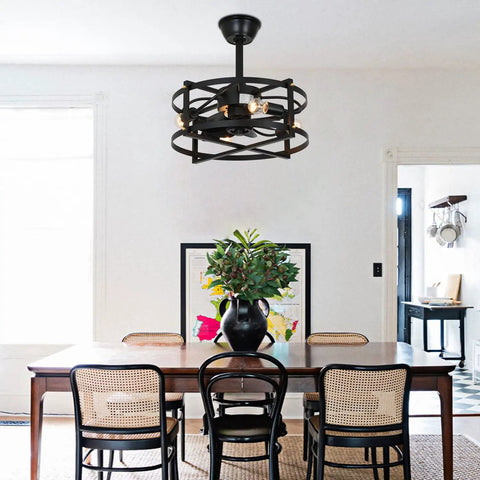 Dining room with Caged Ceiling Fan With Remote Control And Light, Farmhouse Flush Mount Industrial Low Profile Ceiling Fan