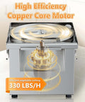 Front view of a 4-in-1 commercial vegetable processor with stainless steel body and copper-core motor