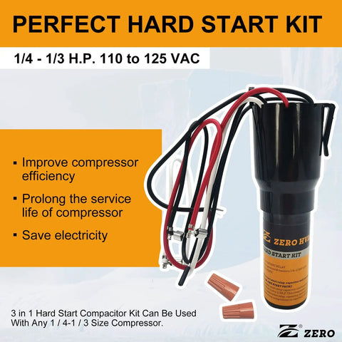 Kickstart Your Fridge With This Heavy Duty 3-In-1 Hard Start Kit To Banish Humming Extend Compressor Life Boost Cooling Save Bucks Quick Swap For Most 1/4-1/3 Hp Units 110 Volt 125 Vac Ul Certified Straightforward Repair Solution with black casing, red and black wires, and connectors.