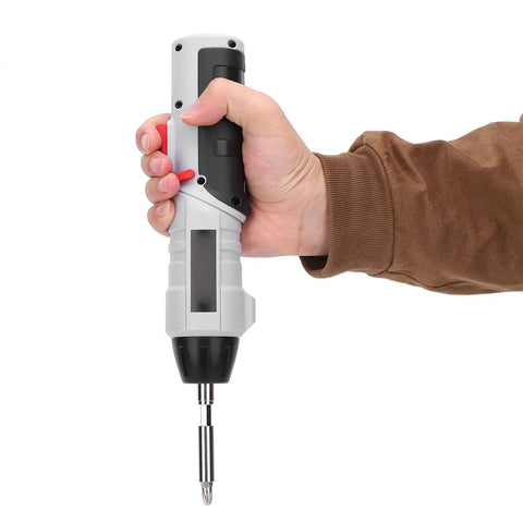 Heavy Duty Cordless Electric Drill And Driver Combo Kit With Slick Operation And Kickass Torque For No Sweat Diy Fixes Or Pro Jobs Featuring 36 Rugged Drill Bits And Eight Flexible Socket Sizes, handheld close-up.