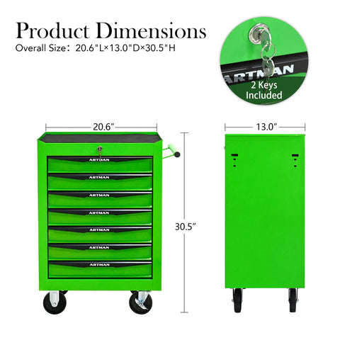 Heavy Duty Rolling Tool Chest With Lockable Parking Brakes And Butter Smooth Ball Bearing Slides 21 Inch Freestanding Storage Cabinet In Bright Green For Garage Or Shop dimensions displayed with seven drawers and key lock.
