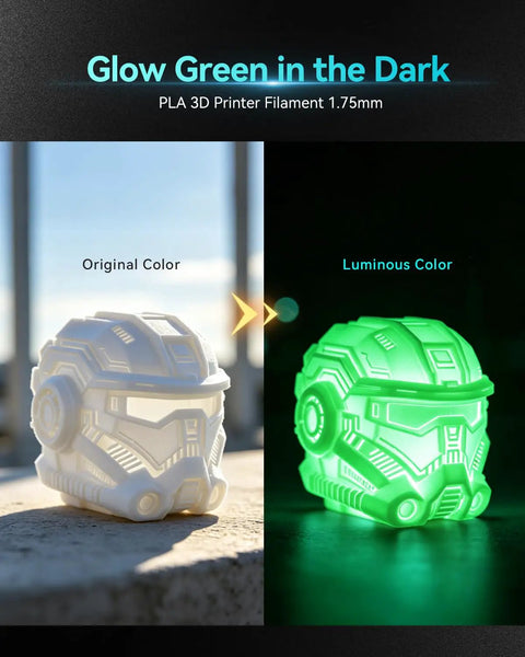 Glow In The Dark PLA Filament 1.75mm 4 Pack Bundle For 3D Printing shown as a luminous helmet model with original and glowing effects.