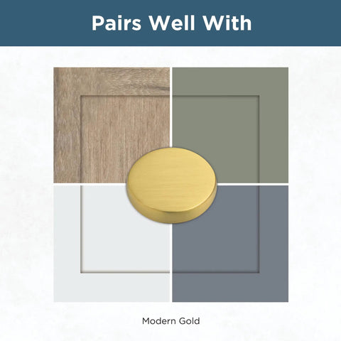 Modern Gold Cabinet Handles And Drawer Pulls For Kitchen Cupboards And Dressers feature brushed gold knob against colored backgrounds.