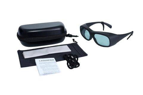 Built Tough Laser Safety Glasses With Broad 870 To 11000Nm Range And OD4 Plus Optical Density in black case, with lens cloth.