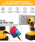 40W LED Work Light With 4200LM Output For Dewalt 20V Battery showing USB port and safety features