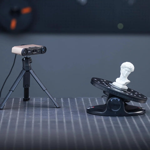 Dead On Accurate Dual Axis Turntable For Seamless 3D Scanner Accessory showing a white statue on a black platform and scanning device.