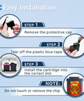 Installation instructions for 67XL Black And Color Ink Cartridges Combo Pack For DeskJet And Envy Series with images of each step.