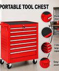 Hella Solid Rolling Tool Chest With Seven Ball Bearing Drawers That Glide Like Butter Plus Lockable Heavy Duty Steel Frame Designed For Garage Auto Shop Or Warehouse Storage In Red, featuring seven drawers and durable steel.