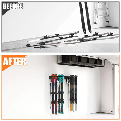 Image showing 'before' and 'after' of ski storage using Badass Heavy Duty Garage Wall Mount Ski Rack Holds 4 Pair Wide Or 8 Pair Narrow Skis.