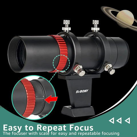 Mini 40mm Guide Scope Bundle With Universal Dovetail Base For Telescopes showing focuser with scale for accurate focusing.