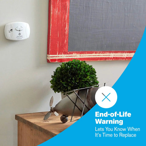 Three Pack Battery Powered Carbon Monoxide Alarm With Electrochemical Sensor For Home Safety mounted on wall displaying end-of-life warning.