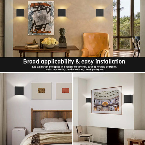 Cordless LED Cube Wall Sconces with remote dimmable up and down lighting installed in living room and bedroom, black 3 pack