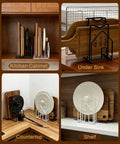 Compact Cutting Board Rack Organizer For Kitchen Countertop And Lids Flat Steel Stand holding boards and lids in various settings