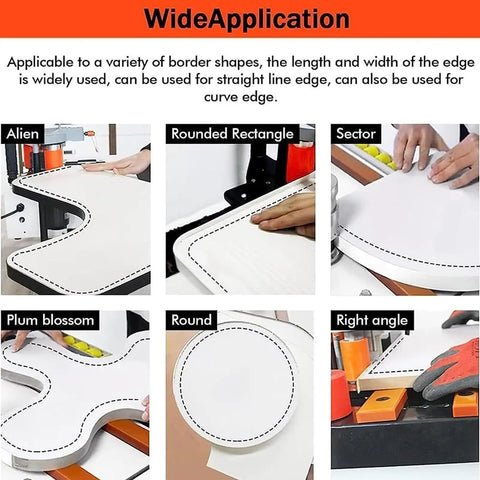 Portable Edge Bander For Woodworking showing versatility with various shapes like alien, rounded, and right angle edges.