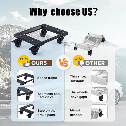 Beast Mode Heavy Duty Car Dolly Set Of 4 Featuring 6000 Lbs Capacity shows comparison of sturdy space frame design vs. weak dolly.