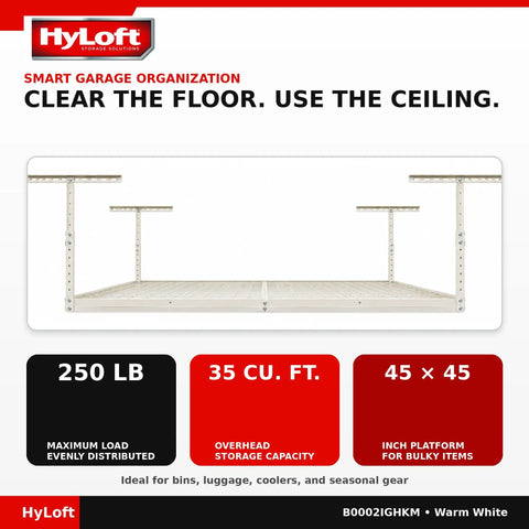 Keep That Garage Floor Clear Heavy Duty Overhead Storage Rack Adjustable Ceiling Mount 45 By 45 Inch Steel Hanging Shelf showing 35 cu. ft. capacity.