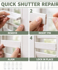 Rock Solid 220 Piece Stainless Steel Plantation Shutter Repair Kit showing steps for quick shutter repair using pins and nails.
