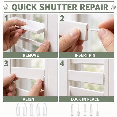 Rock Solid 220 Piece Stainless Steel Plantation Shutter Repair Kit showing steps for quick shutter repair using pins and nails.