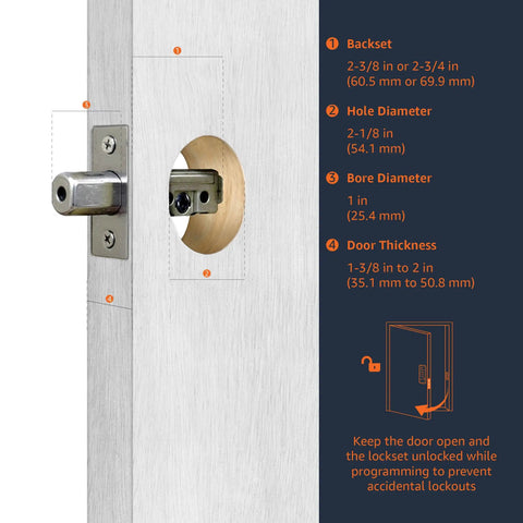 Specifications for Pack Of Six Matte Black Electronic Keypad Deadbolt Door Lock with Auto Lock and Touch Control showing dimensions.