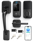Hassle Free Wifi Smart Front Door Lock Kit With Keyless Entry Deadbolt Handle Smart App Control includes keypad, handle, keys, and smartphone.