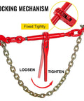 Built Tough Heavy Duty Chain Binder Kit With Swivel G70 Hooks Fits 3/8 To 1/2 Inch Grade Seven Links 9215 Lbs showing locking mechanism and chain.