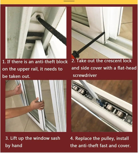 Installation guide for Plastic Steel Reinforced Buttery Smooth Glide Sliding Window Rollers Type 88 with steps and tools shown.