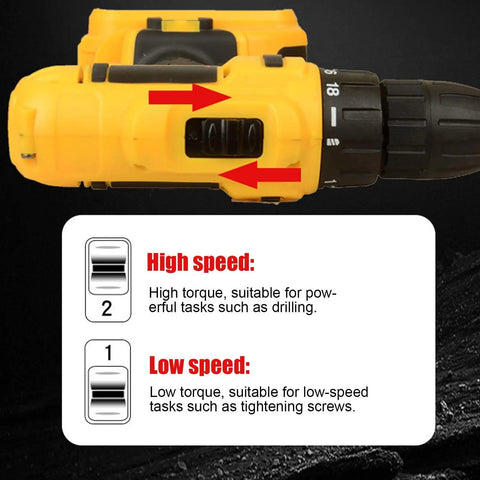 No Hassle Heavy Duty Cordless Power Drill Workhorse With High Torque Motor And Quick Swap Chuck showing speed settings for versatility.