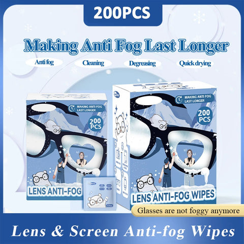 Lens anti-fog wipes, 200 pcs, blue boxed packaging; moistened wipes for glasses and screens.