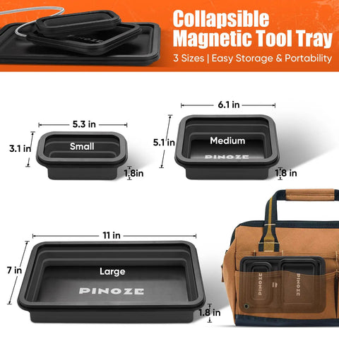 Collapsible Magnetic Parts Tray Organizer Set with sizes small, medium, and large shown alongside a carrying case for garage use.