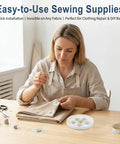 Woman sewing with Hidden Magnetic Sewing Snaps 1.18-Inch Hella Strong and Low Profile for DIY Clothing Fixes on fabric.