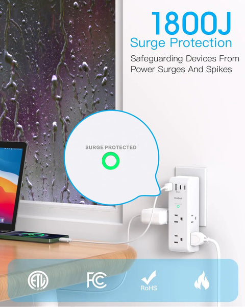1800J surge protection with Must Have Rotating Plug Surge Protector Power Strip, USB ports, and LED indicator in use.