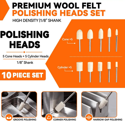Premium Wool Felt Polishing Heads Set with 10 pieces, includes 5 cone and 5 cylinder heads on 1/8 inch shanks for versatile polishing.