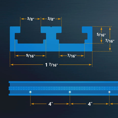 36 Inch Universal T Track With Double Cut Profile And Pre Drilled Mount Points For Zero Fuss Setup On Workbenches Table Saws And Drill Presses Featuring Rock Tight Grip And Laser Etched Measurements dimensions diagram
