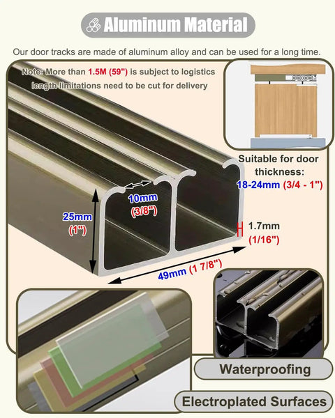 Aluminum alloy door track for Heavy Duty Sliding Door Hardware Kit Rock Solid Build And Smooth Rollers Supporting Up To 450 Pounds.
