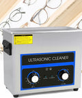 6.5L Ultrasonic Cleaner With Digital Timer And Heater, 40kHz Stainless Steel Sonic Bath For Jewelry, Glasses, Watches, Rings, Dentures, Small Parts, Industrial Grade Deep Cleaning Powerhouse on a wooden background with glasses.