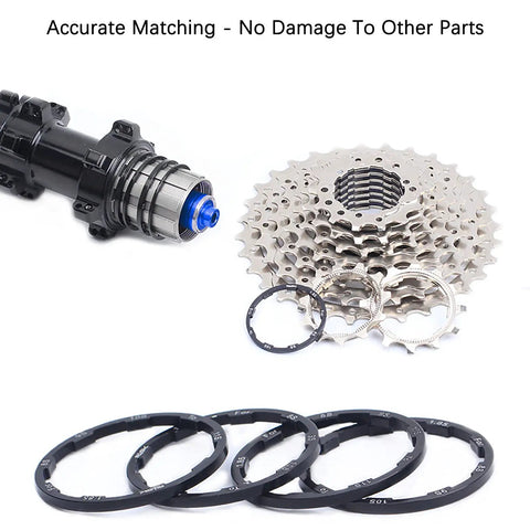 Aluminum Bike Hub Spacer Kit With Grooved Washers And Cassette Spacers For MTB And Road Bikes Pro Grade Freehub Gasket 7 8 9 10 11 Speed Compatible Ultra Light And High Hardness Available In 1 1.5 2 1.85 2.18 2.35 Mm displayed with cassette and freehub