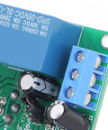 Plug And Play Smoke Sensor Module With Adjustable Threshold And Cranking Buzzer circuit board close-up, with blue relay and capacitors.