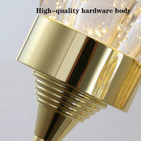 Close-up of the Modern Double Head LED Wall Sconce Rock Solid Hardware Body with polished gold finish and crystal detail.