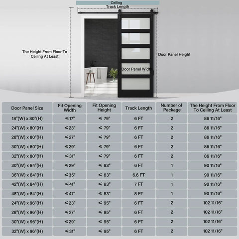 Image showing dimensions and fitting details for 36X84 Black Frosted Glass Barn Door With Complete Hardware Kit And Six Point Six Foot Track Handle.