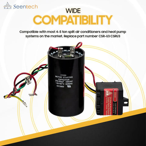 Heavy Duty Hard Start Capacitor Kit With Relay Delivers Slick Kickstart For 4 To 5 Ton AC Compressors, 270-324 microfarads, 240 volt.