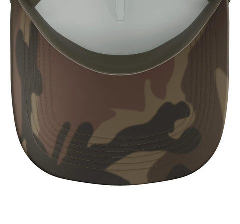 Solid Plumber Evolution Trucker Hat Featuring A Hilarious Skilled Trades Graphic And An Adjustable Camo Green Mesh Back For Dope Pipefitters And Maintenance Crews Running The Site, showing the top camo pattern and stitching.
